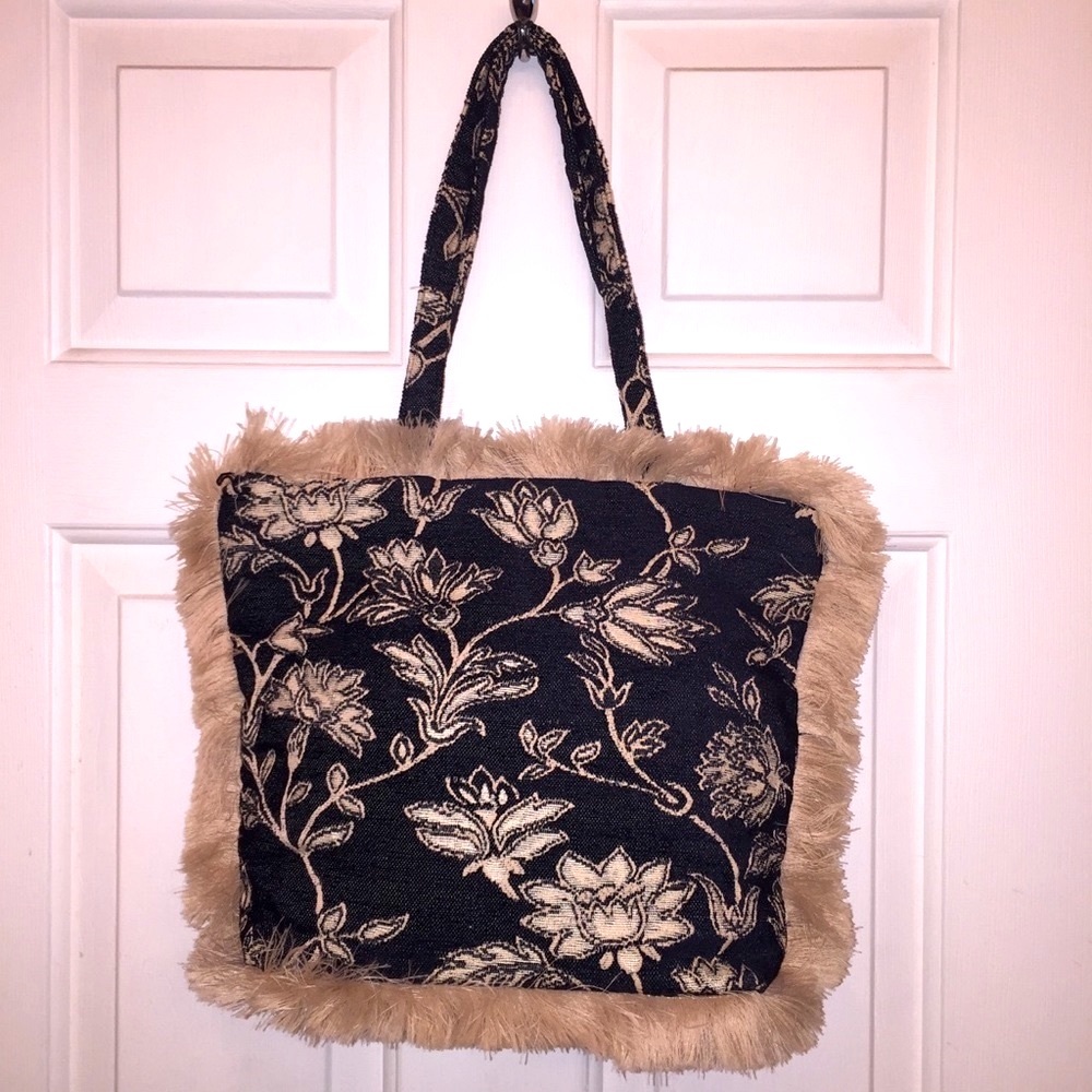 Black & Tan Tapestry Double handle Handbag